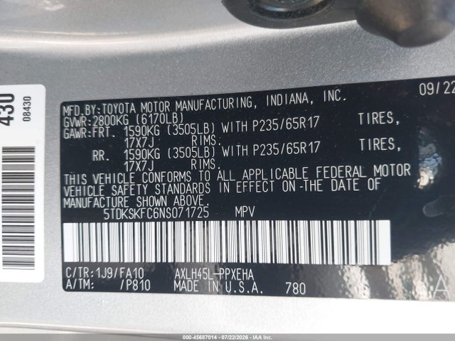 5TDKSKFC6NS071725 Toyota SIENNA LE