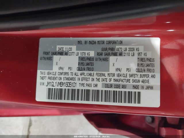 Продаж на аукціоні авто 2021 Mazda Mazda6 Touring, vin: JM1GL1VM6M1605101, номер лоту: 45687020