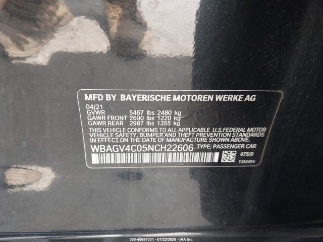 45687031 :رقم المزاد ، WBAGV4C05NCH22606 vin ، 2022 Bmw 840 Gran Coupe I Xdrive مزاد بيع