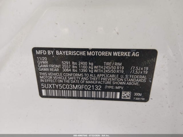Продажа на аукционе авто 2021 Bmw X3 Xdrive30i, vin: 5UXTY5C03M9F02132, номер лота: 45687045