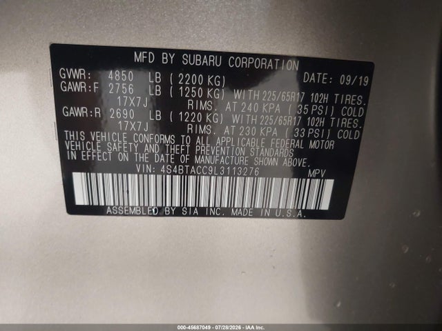 2020 Subaru Outback Premium მანქანა იყიდება აუქციონზე, vin: 4S4BTACC9L3113276, აუქციონის ნომერი: 45687049