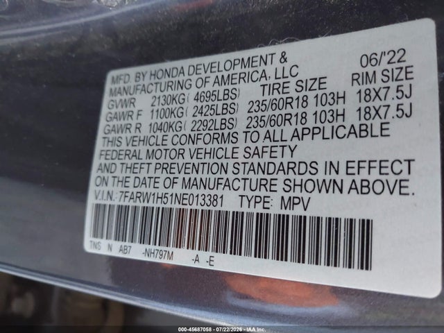 45687058 :رقم المزاد ، 7FARW1H51NE013381 vin ، 2022 Honda Cr-v 2wd Ex مزاد بيع