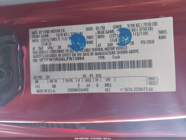 2020 Ford F-150 Raptor მანქანა იყიდება აუქციონზე, vin: 1FTFW1RG6LFB13984, აუქციონის ნომერი: 45687068
