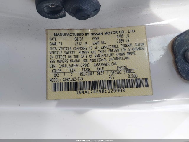 Продаж на аукціоні авто 2008 Nissan Altima 2.5 S, vin: 1N4AL24E98C129903, номер лоту: 45687072