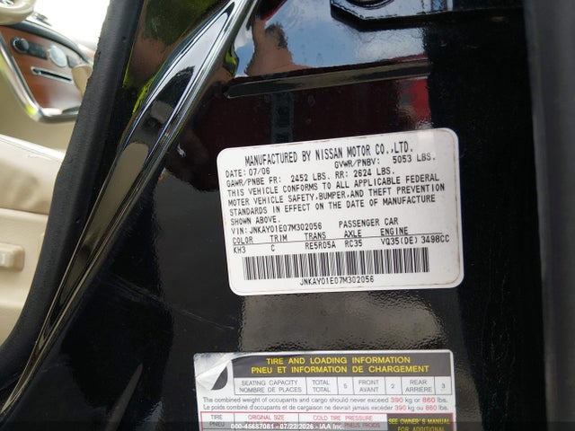 Aukcja sprzedaży 2007 Infiniti M35, vin: JNKAY01E07M302056, numer aukcji: 45687081