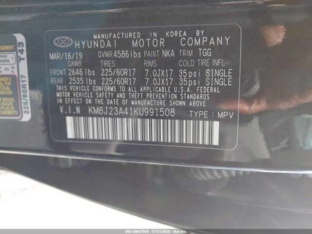 Aukcja sprzedaży 2019 Hyundai Tucson Se, vin: KM8J23A41KU991508, numer aukcji: 45687088