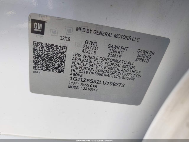 Aukcja sprzedaży 2020 Chevrolet Impala Fwd Lt, vin: 1G11Z5S32LU109273, numer aukcji: 45687099