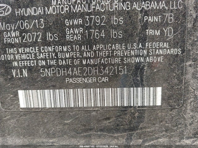 Продаж на аукціоні авто 2013 Hyundai Elantra Gls, vin: 5NPDH4AE2DH342151, номер лоту: 45687102