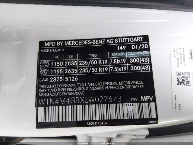 Aukcja sprzedaży 2020 Mercedes-benz Glb 250, vin: W1N4M4GBXLW027673, numer aukcji: 45687117