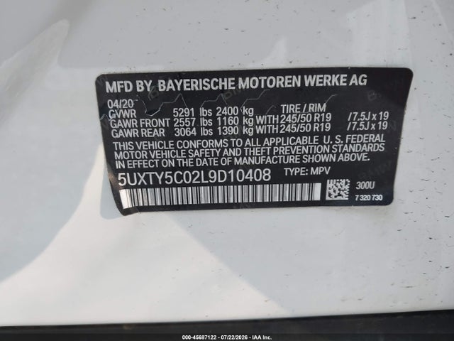 Продаж на аукціоні авто 2020 Bmw X3 Xdrive30i, vin: 5UXTY5C02L9D10408, номер лоту: 45687122