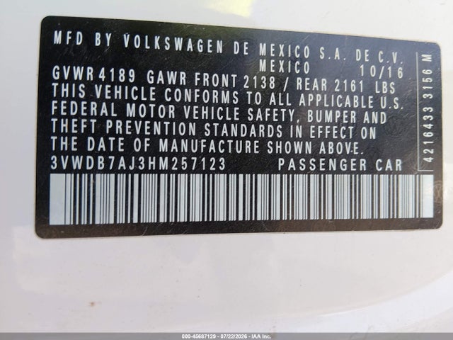 45687129 :رقم المزاد ، 3VWDB7AJ3HM257123 vin ، 2017 Volkswagen Jetta 1.4t Se مزاد بيع