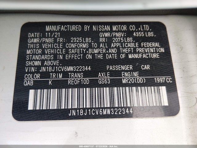 Aukcja sprzedaży 2021 Nissan Rogue Sport Sl Fwd Xtronic Cvt, vin: JN1BJ1CV6MW322344, numer aukcji: 45687137