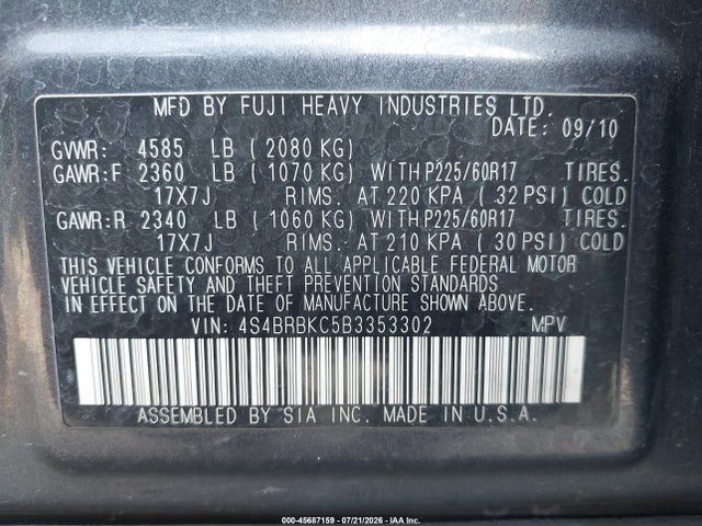 Продаж на аукціоні авто 2011 Subaru Outback 2.5i Limited, vin: 4S4BRBKC5B3353302, номер лоту: 45687159