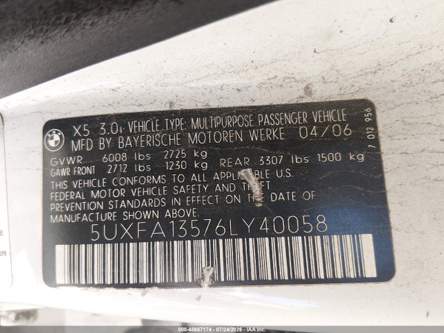 Продажа на аукционе авто 2006 Bmw X5 3.0i, vin: 5UXFA13576LY40058, номер лота: 45687174