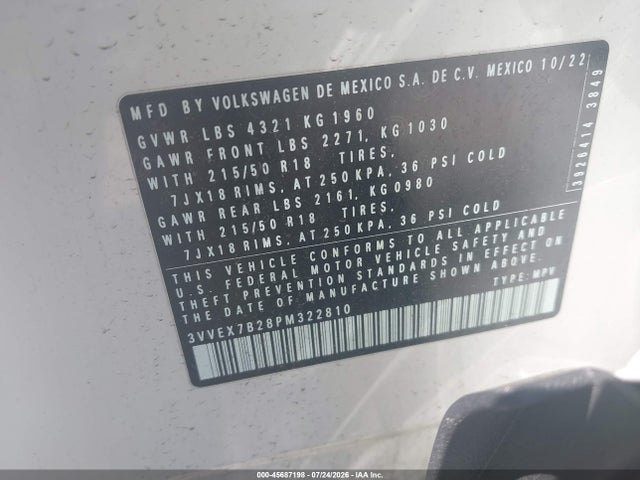 2023 Volkswagen Taos 1.5t Se მანქანა იყიდება აუქციონზე, vin: 3VVEX7B28PM322810, აუქციონის ნომერი: 45687198