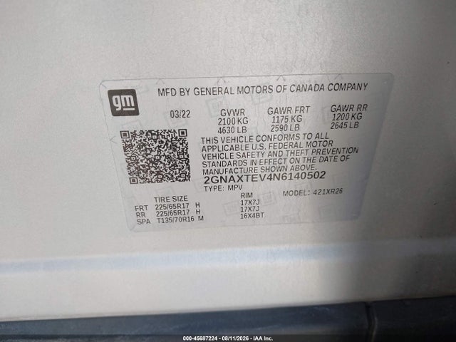 Chevrolet Equinox Awd 2fl 2022 2GNAXTEV4N6140502 Image 9