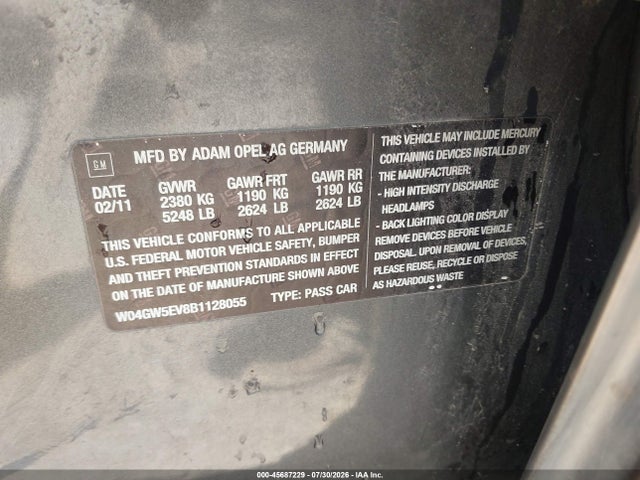 Aukcja sprzedaży 2011 Buick Regal Cxl Turbo Russelsheim, vin: W04GW5EV8B1128055, numer aukcji: 45687229