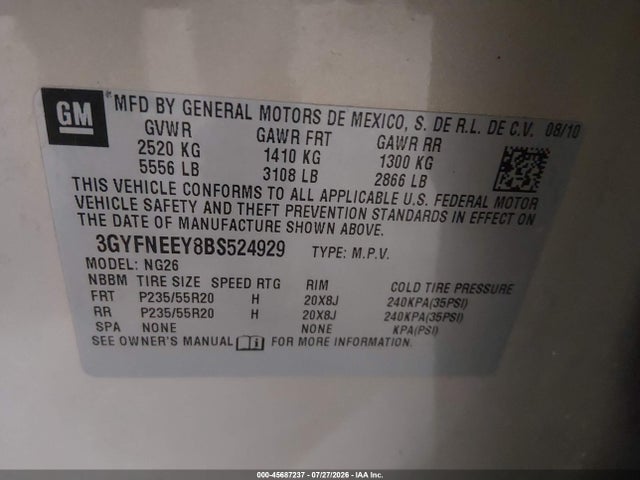 45687237 :رقم المزاد ، 3GYFNEEY8BS524929 vin ، 2011 Cadillac Srx Performance Collection مزاد بيع