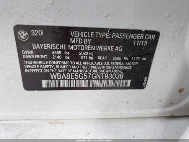 45687249 :رقم المزاد ، WBA8E5G57GNT93038 vin ، 2016 Bmw 320i Xdrive مزاد بيع