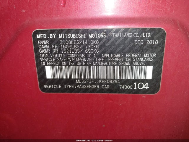 Aukcja sprzedaży 2019 Mitsubishi Mirage G4 Es, vin: ML32F3FJ1KHF08254, numer aukcji: 45687260
