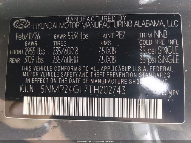 Продажа на аукционе авто 2026 Hyundai Santa Fe Sel, vin: 5NMP24GL7TH202743, номер лота: 45687269