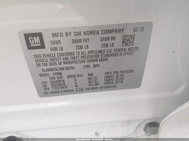 45687284 :رقم المزاد ، KL4MMCSL3NB108794 vin ، 2022 Buick Encore Gx Awd Preferred مزاد بيع