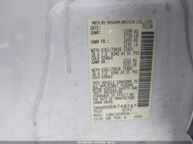 1N6AD0ER0JN748247 Nissan Frontier Sv