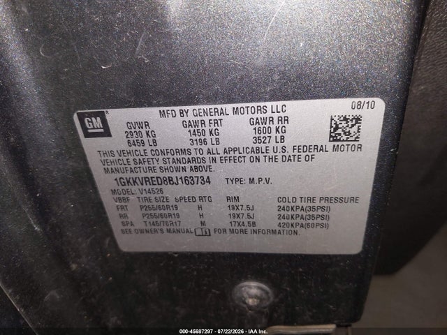 Aukcja sprzedaży 2011 Gmc Acadia Slt-1, vin: 1GKKVRED8BJ163734, numer aukcji: 45687297