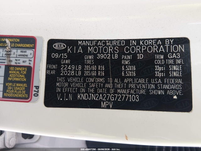 Продажа на аукционе авто 2016 Kia Soul, vin: KNDJN2A27G7277103, номер лота: 45687298