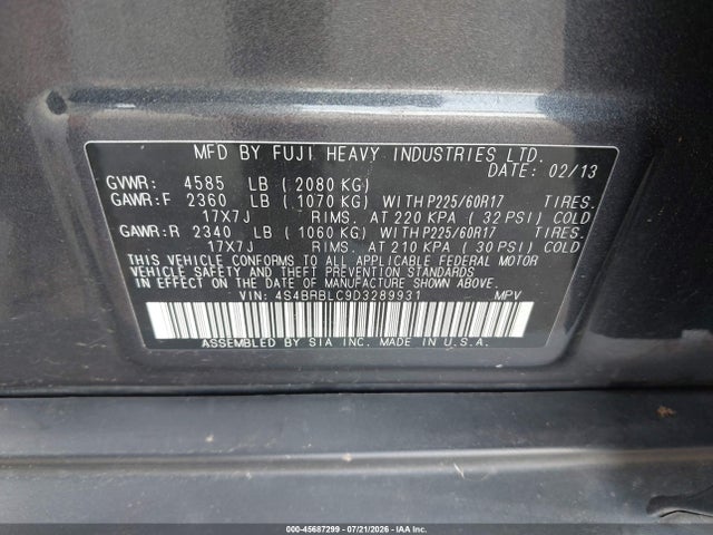 2013 Subaru Outback 2.5i Limited მანქანა იყიდება აუქციონზე, vin: 4S4BRBLC9D3289931, აუქციონის ნომერი: 45687299