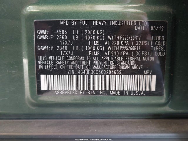 Продаж на аукціоні авто 2012 Subaru Outback 2.5i Premium, vin: 4S4BRBCC5C3294669, номер лоту: 45687307
