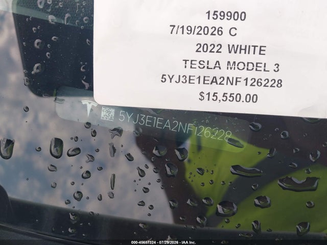 2022 Tesla Model 3 Rear-wheel Drive მანქანა იყიდება აუქციონზე, vin: 5YJ3E1EA2NF126228, აუქციონის ნომერი: 45687324