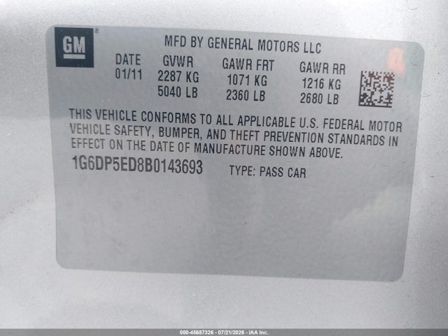Продаж на аукціоні авто 2011 Cadillac Cts Premium, vin: 1G6DP5ED8B0143693, номер лоту: 45687326