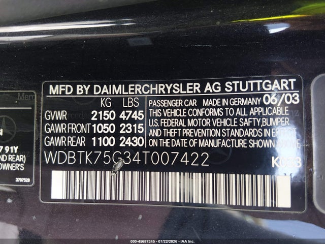2004 Mercedes-benz Clk 500 მანქანა იყიდება აუქციონზე, vin: WDBTK75G34T007422, აუქციონის ნომერი: 45687345