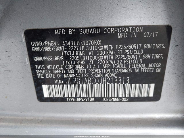 2018 Subaru Crosstrek 2.0i Premium მანქანა იყიდება აუქციონზე, vin: JF2GTABC0JH213313, აუქციონის ნომერი: 45687346