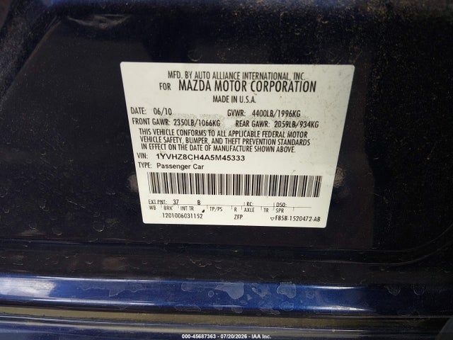 45687363 :رقم المزاد ، 1YVHZ8CH4A5M45333 vin ، 2010 Mazda Mazda6 I Touring Plus مزاد بيع