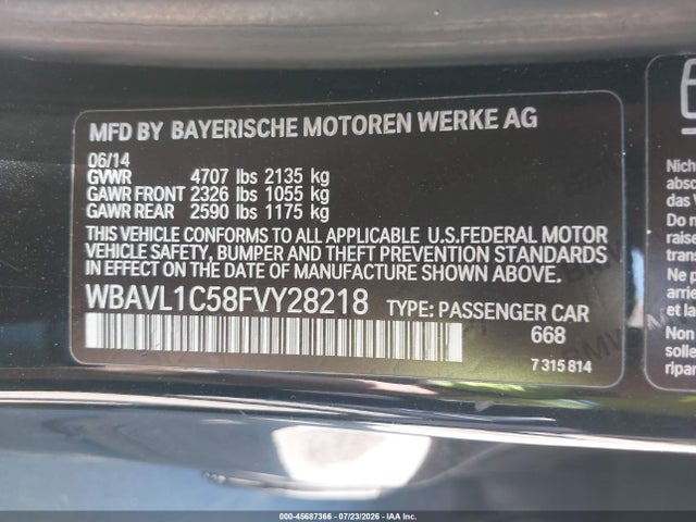45687366 :رقم المزاد ، WBAVL1C58FVY28218 vin ، 2015 Bmw X1 Xdrive28i مزاد بيع