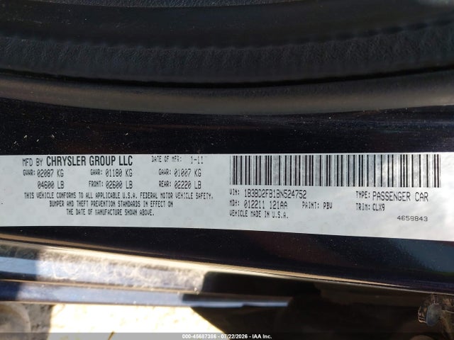 2011 Dodge Avenger Lux მანქანა იყიდება აუქციონზე, vin: 1B3BD2FB1BN524752, აუქციონის ნომერი: 45687386