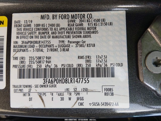 2020 Ford Fusion Se მანქანა იყიდება აუქციონზე, vin: 3FA6P0HD8LR147755, აუქციონის ნომერი: 45687392