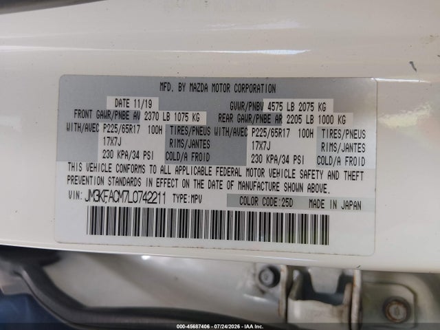 Продаж на аукціоні авто 2020 Mazda Cx-5 Touring, vin: JM3KFACM7L0742211, номер лоту: 45687406