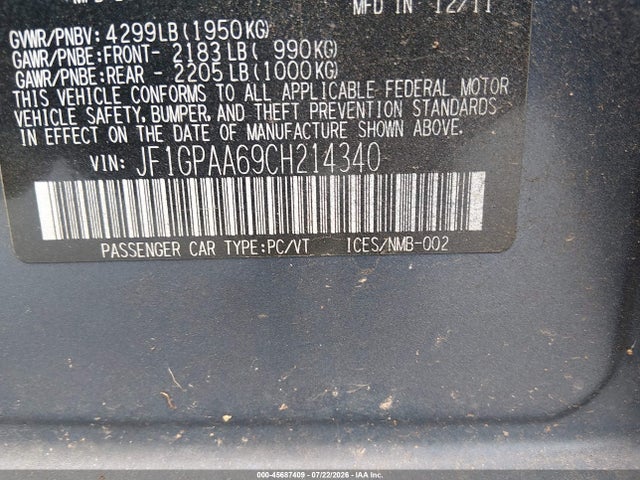 Продажа на аукционе авто 2012 Subaru Impreza 2.0i, vin: JF1GPAA69CH214340, номер лота: 45687409