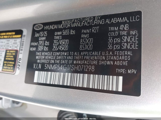 Aukcja sprzedaży 2025 Hyundai Santa Fe Hybrid Calligraphy, vin: 5NMP54G17SH071298, numer aukcji: 45687435