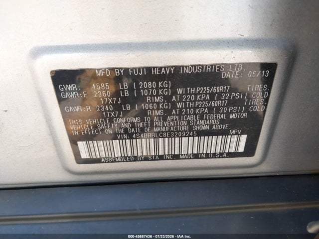 45687436 :رقم المزاد ، 4S4BRBLC8E3209245 vin ، 2014 Subaru Outback 2.5i Limited مزاد بيع