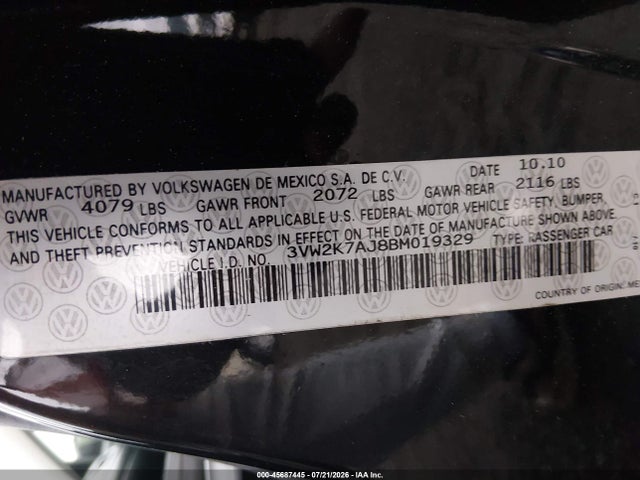 Продажа на аукционе авто 2011 Volkswagen Jetta 2.0l S, vin: 3VW2K7AJ8BM019329, номер лота: 45687445