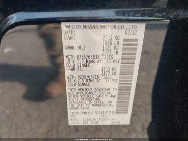 Продажа на аукционе авто 2017 Infiniti Qx60, vin: 5N1DL0MN1HC540770, номер лота: 45687452