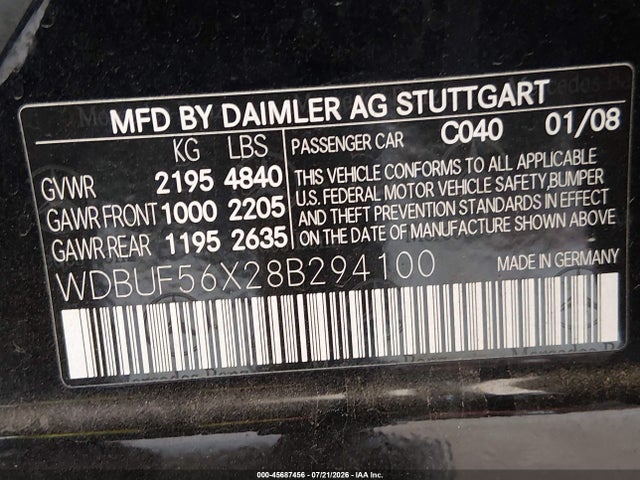 Aukcja sprzedaży 2008 Mercedes-benz E 350, vin: WDBUF56X28B294100, numer aukcji: 45687456