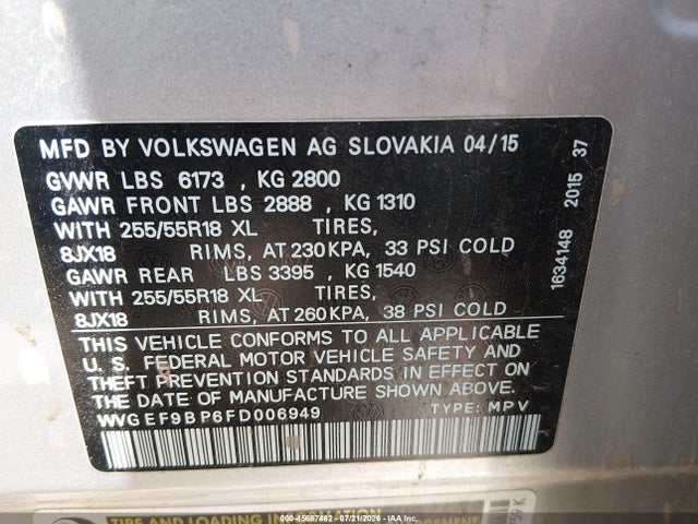 Продажа на аукционе авто 2015 Volkswagen Touareg V6 Sport, vin: WVGEF9BP6FD006949, номер лота: 45687462