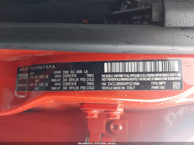 Продажа на аукционе авто 2017 Jeep Renegade Altitude, vin: ZACCJBBB0HPG21894, номер лота: 45687470