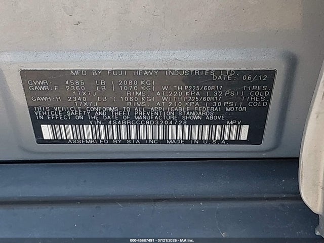 45687491 :رقم المزاد ، 4S4BRCCC8D3204728 vin ، 2013 Subaru Outback 2.5i Premium مزاد بيع