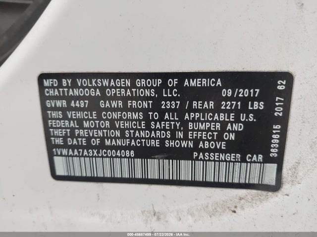 45687499 :رقم المزاد ، 1VWAA7A3XJC004086 vin ، 2018 Volkswagen Passat 2.0t R-line/2.0t S مزاد بيع